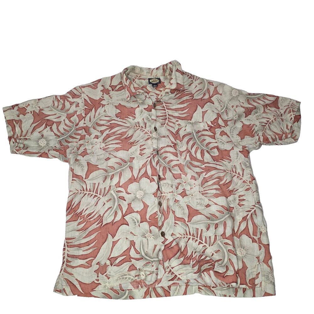 Tommy Bahama Men's L Pink Beige Floral Linen Hawaiian Shirt Button Up